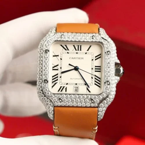 Cartier Santos White Dial Super Clone Watch with Custom Moissanite Diamonds